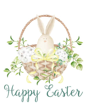 籃子裡的復活節兔子，有花朵和蝴蝶結，Happy Easter 文字 — 復活節 壁紙