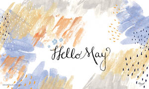 水彩抽象背景，帶有藍色、橙色和灰色的筆觸，以及草書文字 Hello May。 — 五月 壁紙