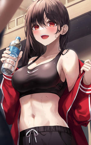 穿著運動服的動漫女孩在鍛煉後拿著水瓶。 — Galaxy Tab S10+ 壁紙