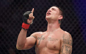 一個勝利的MMA拳手，帶有紋身，在籠內舉起一根手指以示勝利。 — 運動 壁紙