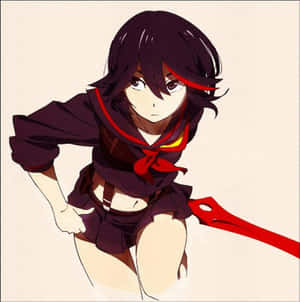 穿著校服的動漫女孩，蹲著手持紅色武器。 — 混沌武士 壁紙