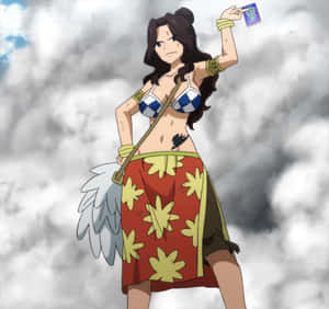 深色頭髮、紅色裙子的動漫女孩在多雲的天空下手持卡片。