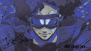 戴護目鏡的動畫飛行員，頭髮凌亂，帶有「not dead yet」文字。 — Megalobox 壁紙