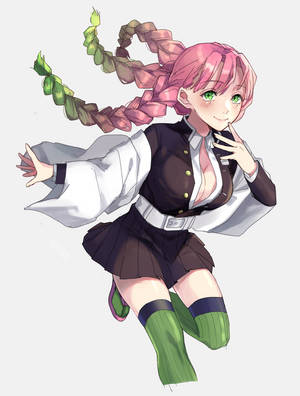 動漫女孩，粉紅色頭髮和綠色眼睛，穿著校服快樂地跳躍。 — 甘露寺蜜璃 壁紙