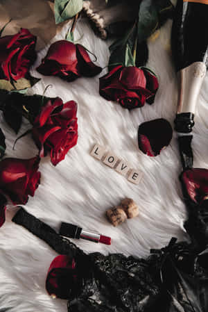 紅玫瑰、香檳、唇膏和蕾絲排列在白色毛皮上拼出 love。 — 小米平板 8 壁紙