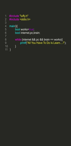 深色背景上帶有彩色語法高亮的C++程式碼，包含一個關於魯夫和學習的笑話。 — 低對比 壁紙
