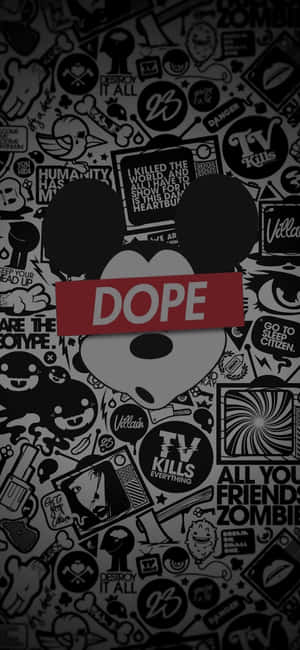 米奇老鼠頭帶有 'DOPE' 橫幅在貼紙拼貼上。 — ROG Phone 9 壁紙