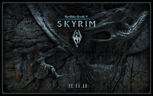 戰士與龍戰鬥的石雕，帶有Skyrim標誌 — 電玩遊戲 GIF 壁紙