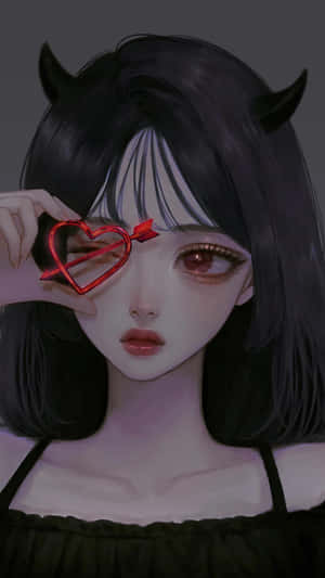 有角的動漫女孩將紅色心形箭矢舉在眼前。 — 暗黑風格 壁紙