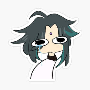 深色頭髮帶有青色挑染的動漫角色流下一滴藍色眼淚。 — 可愛卡通 壁紙