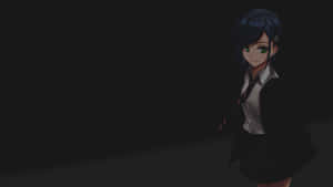 動漫女孩穿著校服，發光的綠色眼睛，在深色背景前 — 暗黑動漫風格GIF 壁紙