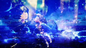 星空下，月亮和雲朵伴隨的閃爍藍色水中的動漫女孩 — 夢幻 GIF 壁紙