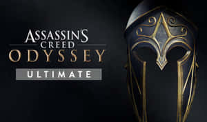 Assassin's Creed Odyssey Ultimate 遊戲標誌，附有詳細的斯巴達頭盔。 — 電玩遊戲 GIF 壁紙