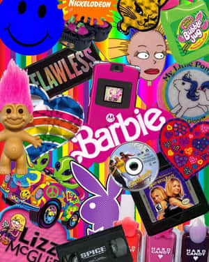 充滿活力的2000年代流行文化圖標拼貼畫，包括Barbie、巨魔和Nickelodeon標誌。 — 2000年代 壁紙