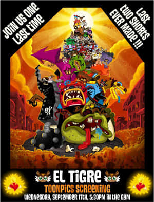 El Tigre Toonpics 放映會的海報，以動畫人物塔為特色，背景是熾熱的城市。 — 費爾南多·托雷斯 壁紙
