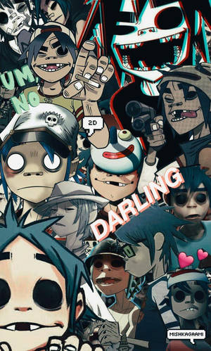 Gorillaz 樂團成員在色彩繽紛混亂的卡通拼貼中。 — 街頭霸王 壁紙