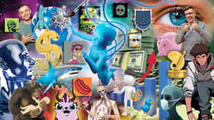 超現實數位拼貼，以宇宙為背景， featuring 外星人、金錢、鯊魚和動漫角色。 — 美式卡通 壁紙