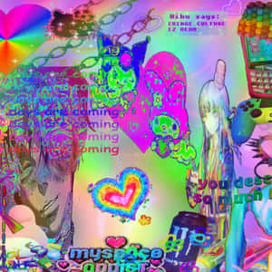 充滿活力的數位拼貼，以動漫角色和MySpace品牌為特色，搭配彩虹心形和故障效果。 — 美學圖案動畫 壁紙