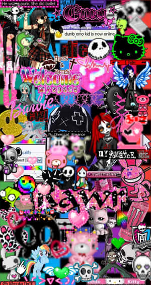 充滿活力的數位拼貼，包含動漫角色、骷髏頭和MySpace文字，以粉紅和黑色呈現。 — 故障 壁紙