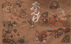 在傳統日本插圖中，武士戰士與惡魔和神話生物戰鬥。 — 日式 壁紙