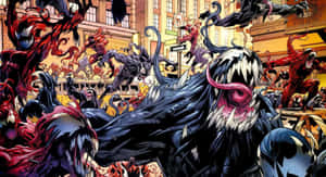 Venom 和共生體以漫畫風格攻擊城市街道。 — 漫威復仇者聯盟 壁紙