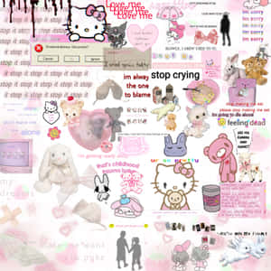 粉紅色拼貼畫，包含Hello Kitty、泰迪熊以及關於情感困擾和孤獨的文字。 — iPad Pro 13 壁紙