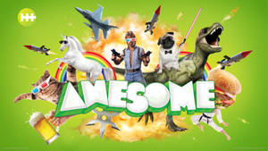 圍繞「awesome」一詞的超現實卡通人物和物體的拼貼畫。 — 可愛動物動圖 壁紙