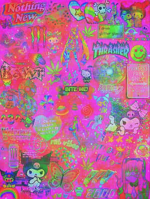 一個充滿貼紙、骷髏頭、動漫角色和閃亮文字的鮮豔粉紅色拼貼畫。 — 童趣風 壁紙