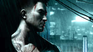 一個臉上帶血的男人站在黑暗的城市小巷中，大雨傾盆。 — 電玩遊戲 GIF 壁紙