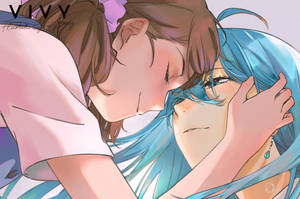 兩個動漫女孩溫柔擁抱，一個在另一個哭泣時親吻她的額頭。 — 可愛動漫情侶 壁紙
