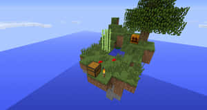 漂浮的Minecraft島嶼，有樹、箱子和火把在藍色海水中。 — 我的世界 壁紙