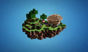 漂浮的Minecraft島嶼，有房屋、樹木和豬，藍色背景 — 我的世界迷因 壁紙