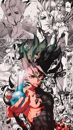 動漫角色在漫畫面板佈局中手持發光藍色藥水。 — Dr.STONE 新石紀 壁紙