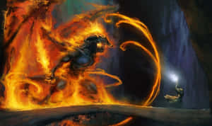 一位手持發光劍的戰士在黑暗的洞穴中面對火焰惡魔。 — 魔法動圖 壁紙