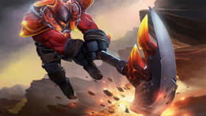 一個火焰裝甲戰士在岩石地形中揮舞著發光斧頭。 — Dota 2 4K 壁紙