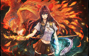 穿著校服的動漫女孩用火劍和神話生物戰鬥。 — Free Fire 櫻花 壁紙