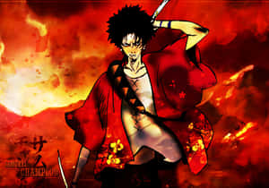 動漫武士身穿紅色和服，手持劍，面對熾熱的天空。 — 混沌武士 壁紙