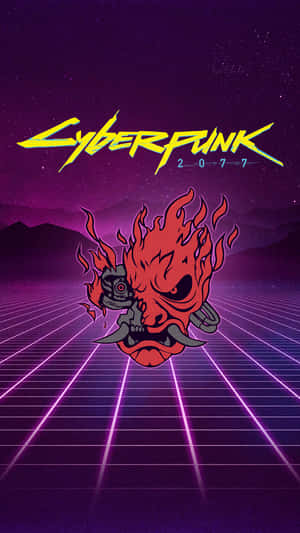 Cyberpunk 2077 標誌，在霓虹網格背景上有一個火焰惡魔面孔。 — Pixel 3 壁紙