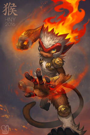 一個火熱的猴子戰士，身穿金色盔甲，周圍有火焰跳躍。 — 火鶴 壁紙