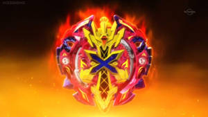 一個旋轉的Beyblade被火焰包圍，背景熾熱。 — 三島一八 壁紙