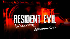 Resident Evil 歡迎來到 Raccoon City 標誌在燃燒的警察局夜間發出紅光。 — 惡靈古堡2 壁紙