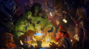 矮人與獸人在擁擠的奇幻酒館中於發光的桌子前衝突。 — 電玩遊戲 GIF 壁紙
