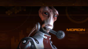 名為 Mordin 的外星科學家角色，穿著未來風格盔甲，手持煙斗。 — 驚奇隊長 壁紙