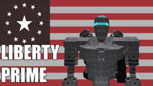 名為 liberty prime 的灰色機器人站在美國國旗背景前。