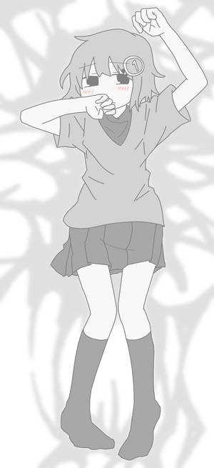 灰色服裝的動漫女孩，舉起拳頭，手靠近嘴巴擺姿勢。 — 可愛動漫女孩 壁紙