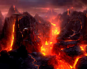 外星火山景觀，帶有發光熔岩和未來主義結構。
