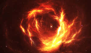 在深空中旋轉的鮮豔橙色和黃色宇宙星雲，帶有發光的絲狀物和遙遠的行星。 — 火焰動畫 壁紙