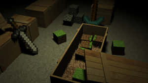 黑暗房間中帶有劍、方塊和木箱的Minecraft像素藝術場景。 — 我的世界 壁紙