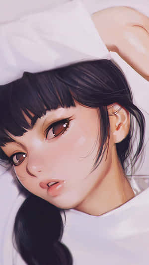 深色頭髮和棕色眼睛的動漫女孩躺在白色床單上，向上看。 — 美麗的動畫 壁紙