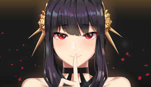 動漫女孩，深色頭髮和紅色眼睛，將手指放在嘴唇上，周圍有漂浮的紅色花瓣。 — 美麗的動畫 壁紙